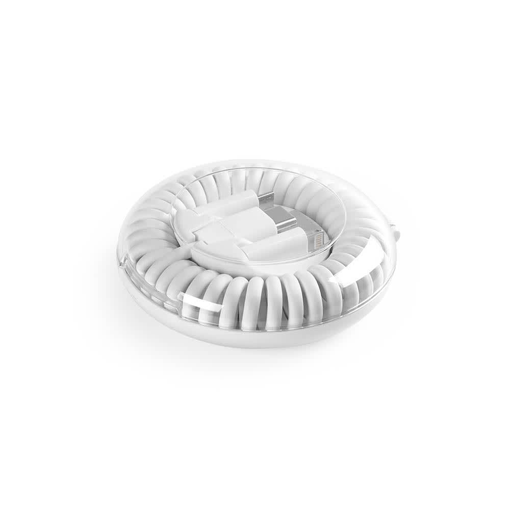 A circular white charging cable organiser containing a white 6-in-1 fast charging cable and connectors.