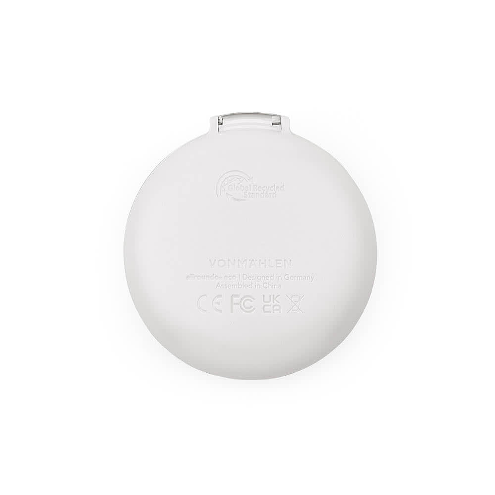 A round white case featuring a logo, designed to organise a charging cable.