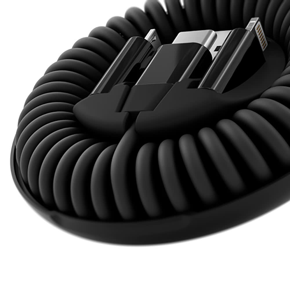 A black organiser containing a flexible, coiled 6-in-1 fast charging cable with multiple connector types.