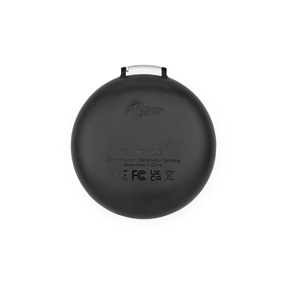 A round, black organizer featuring a logo, designed to hold a multi-functional charging cable.