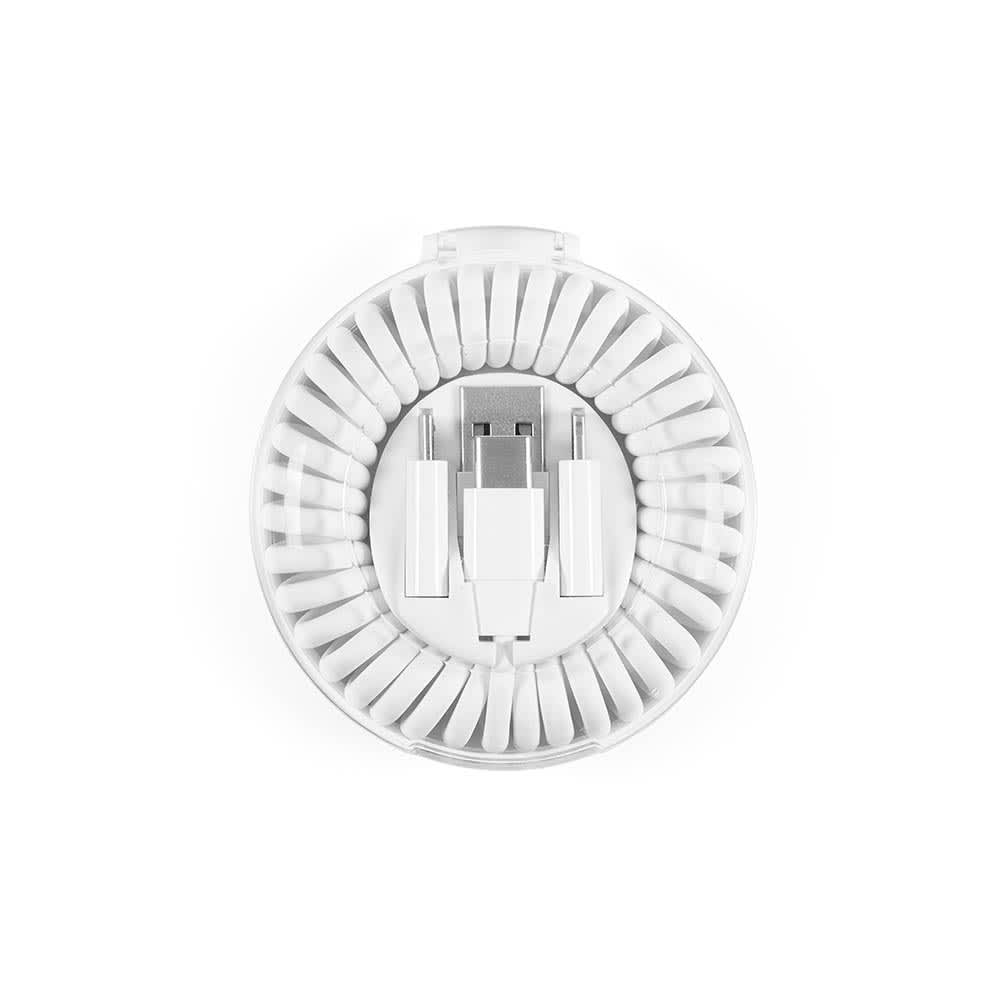 A circular organiser containing a white 6-in-1 fast charging cable with multiple connectors and a compact design.
