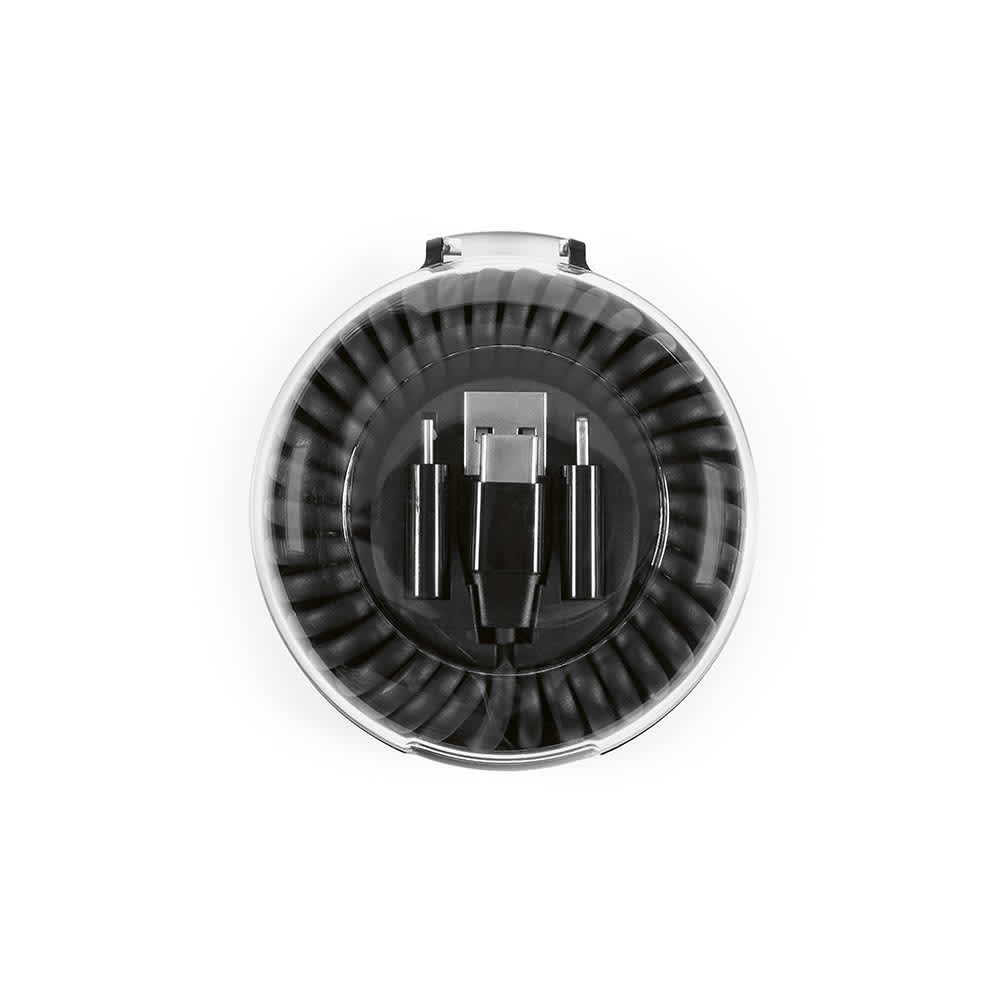 A round organiser containing a black allroundo® eco 6-in-1 fast charging cable with connectors. It has a logo.