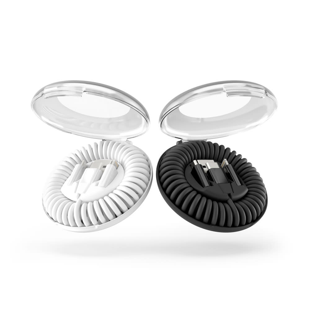 A black and white eco 6-in-1 fast charging cable stored in a circular organiser with transparent lids.
