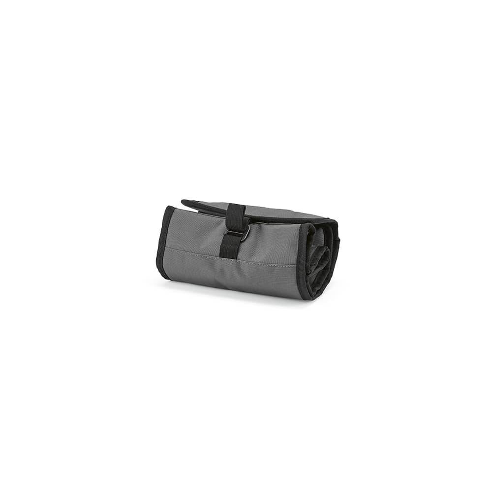 A rolled-up grey cooler bag with a roll top and a metal G hook for securing. The bag features a logo.