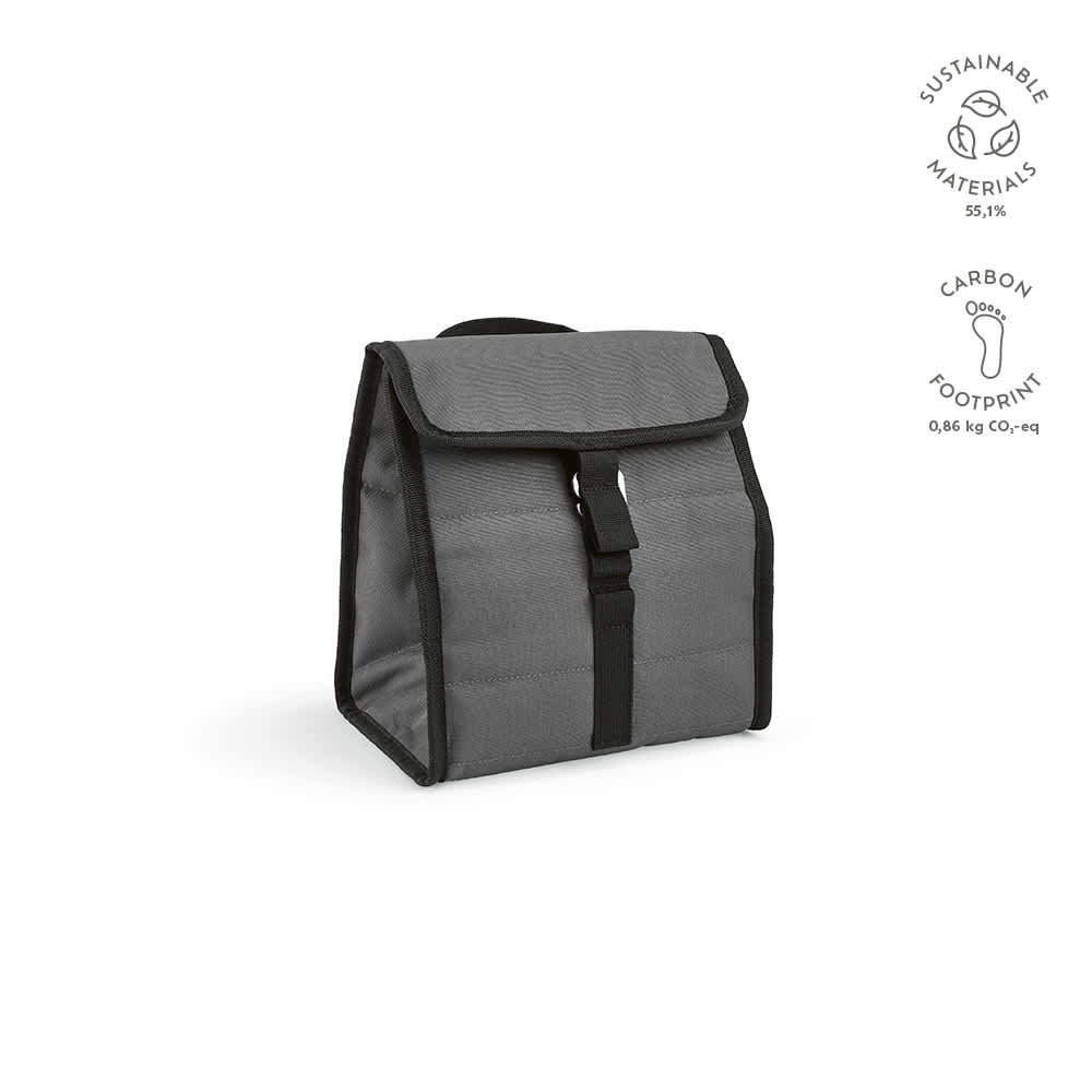 A grey cooler bag with a roll top and black trim, featuring a metal G hook and a logo.