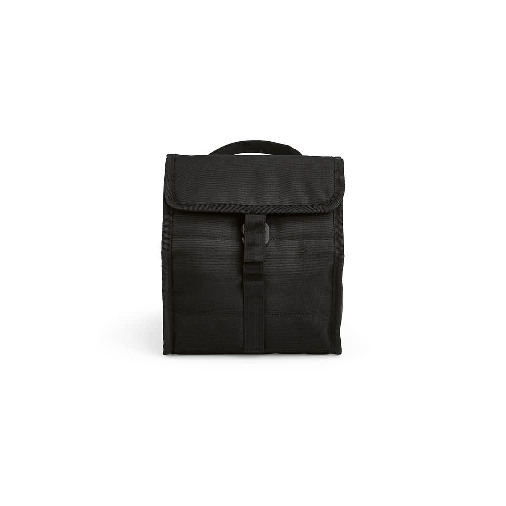 A black cooler bag with a roll-top closure and a metal G hook, featuring a textured surface and a handle.