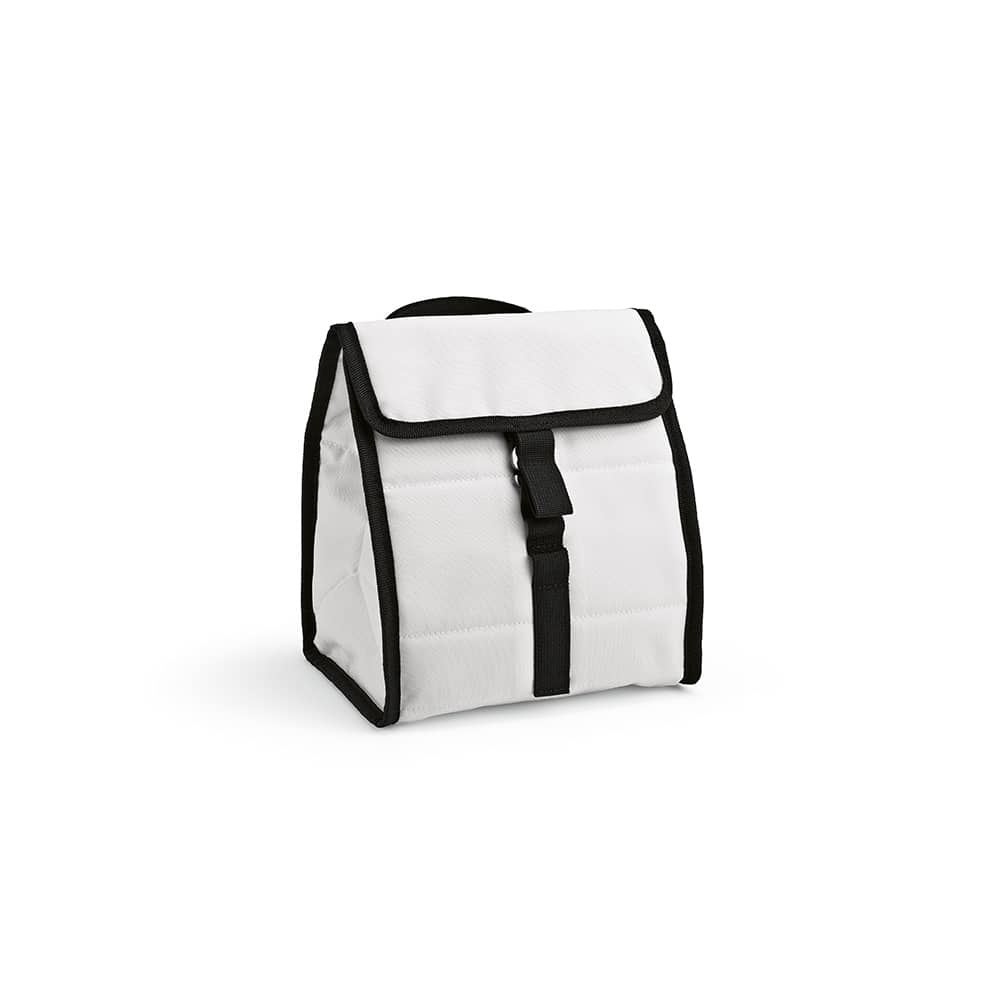 A white cooler bag featuring a roll top and black trim, with a metal G hook, and a logo on the front.