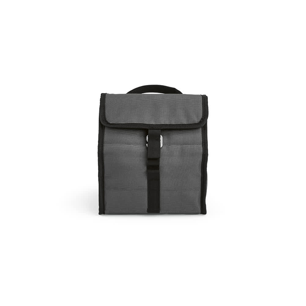 A grey cooler bag with a roll top, secured with a strap and featuring a metal G hook. It has a logo.