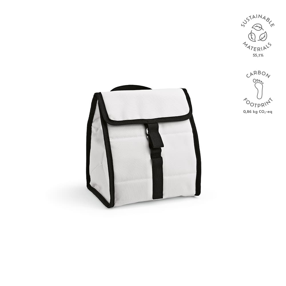A white cooler bag with a roll top, black trim, and a front buckle closure. It features a logo on the side.