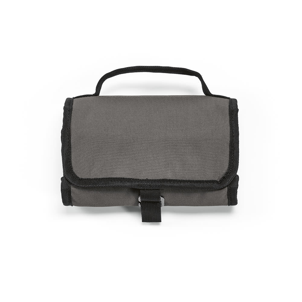 A grey cooler bag with a roll top, featuring a handle and metal G hook for easy carrying.