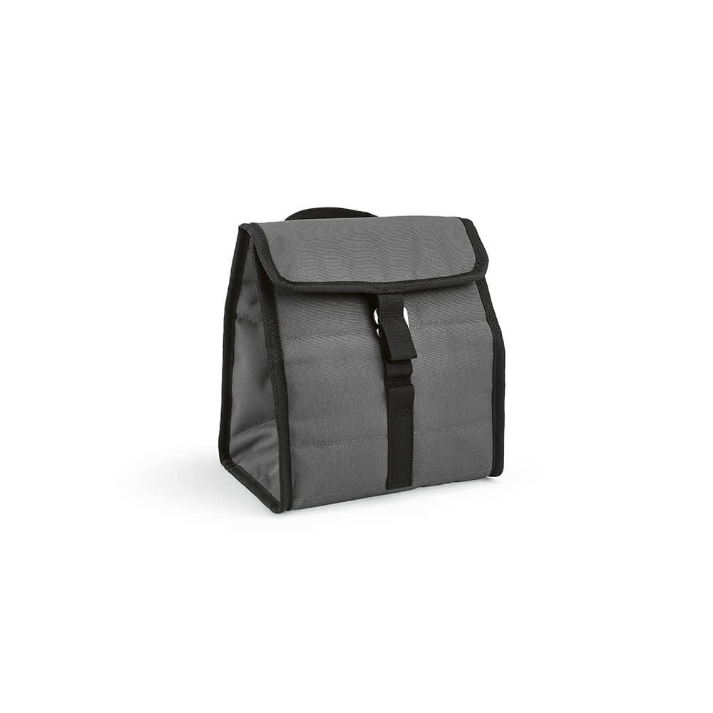A grey insulated cooler bag with a roll top and a metal G hook, featuring black trim and fastening.