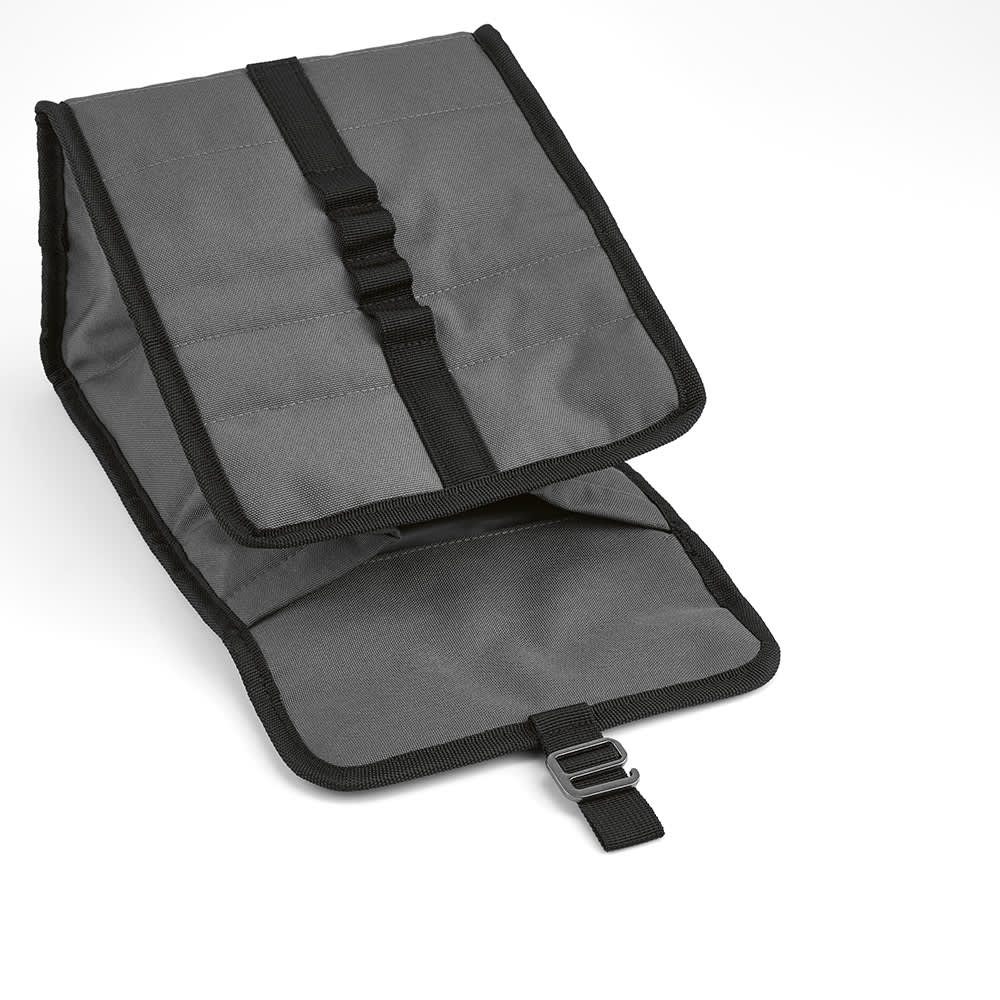 A grey folding cooler bag with a roll top, featuring straps and a metal G hook. It has a simple and functional design.