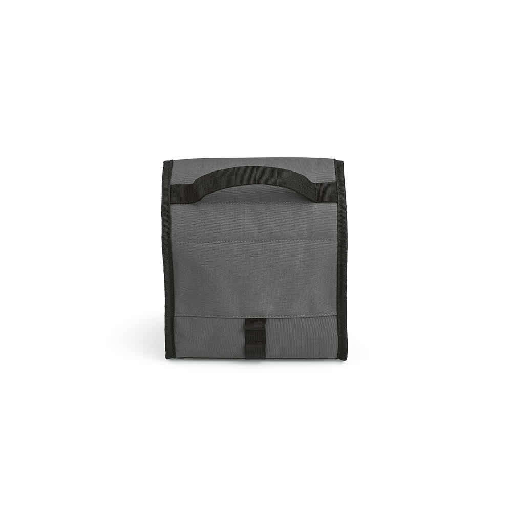 A grey cooler bag with a roll top, featuring a handle and a metal G hook. Includes a logo on the front.