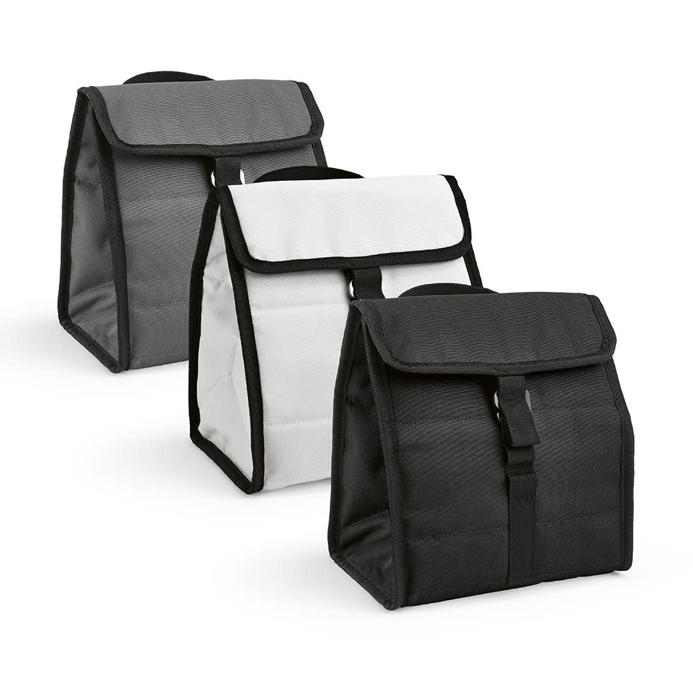 Three insulated cooler bags in grey, white, and black with fold-over flaps and adjustable straps. Each bag has a logo.