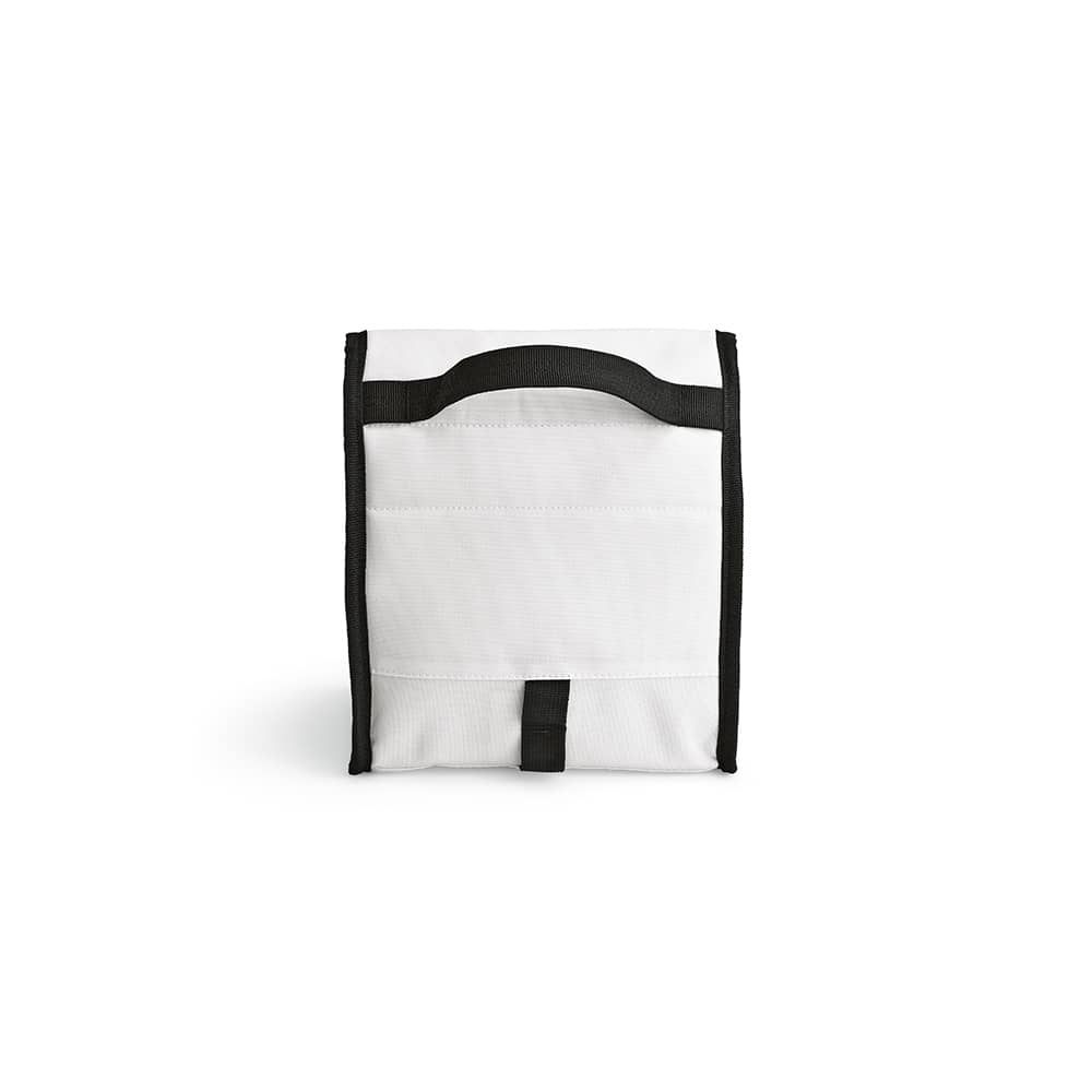 A white cooler with a roll top and black straps, featuring a metal G hook and logo.