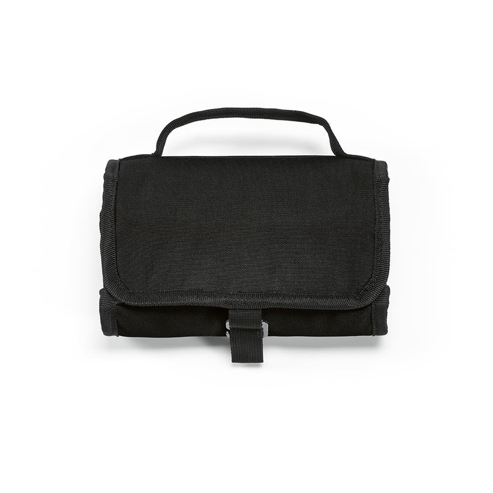 A black roll-top cooler made from rPET featuring a metal G hook and a sturdy handle. The product has a logo.