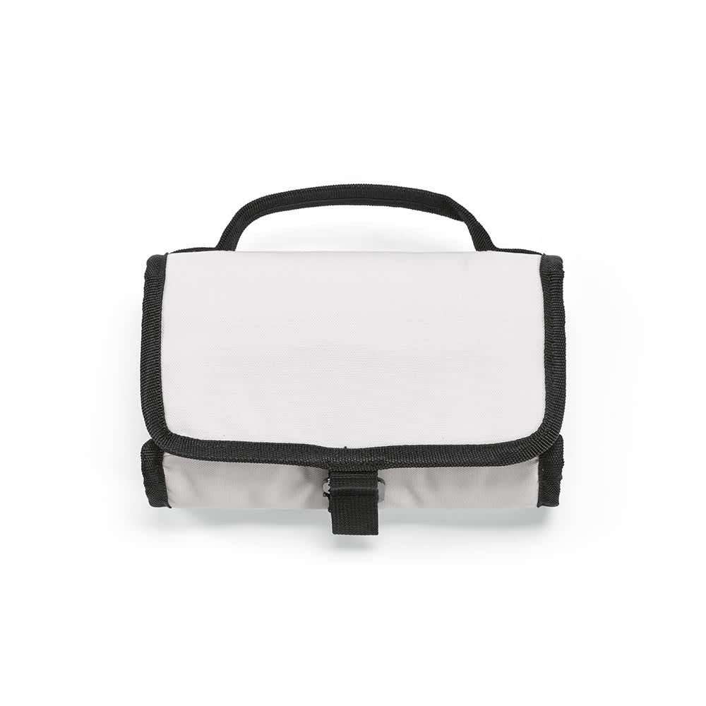 A cooler bag in white with black trim, featuring a roll top and a metal G hook. It has a handle for easy carrying.