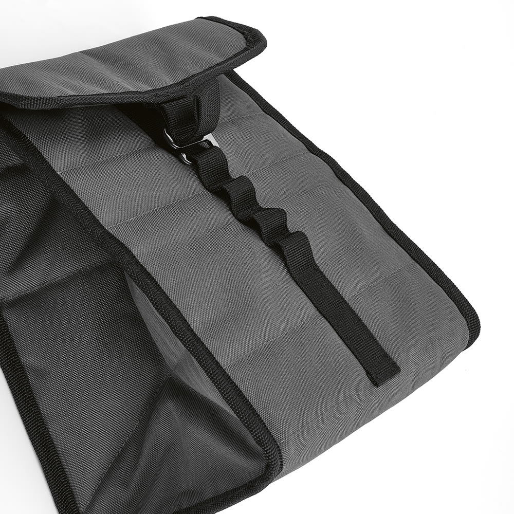 A grey cooler bag with a roll-top closure and a metal G hook. It features sturdy straps and a textured surface.