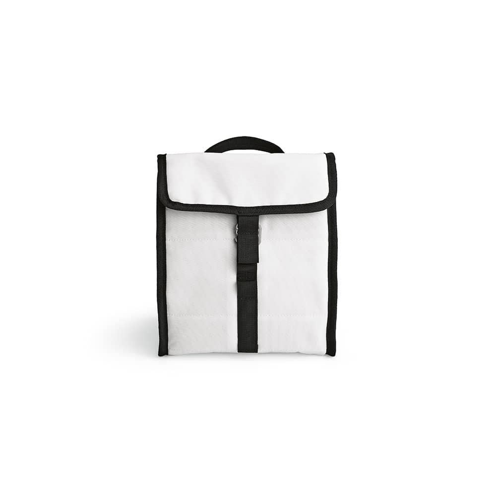 A Reykjavik 9L cooler in white with black trim, featuring a roll top and a metal G hook. It has a logo.