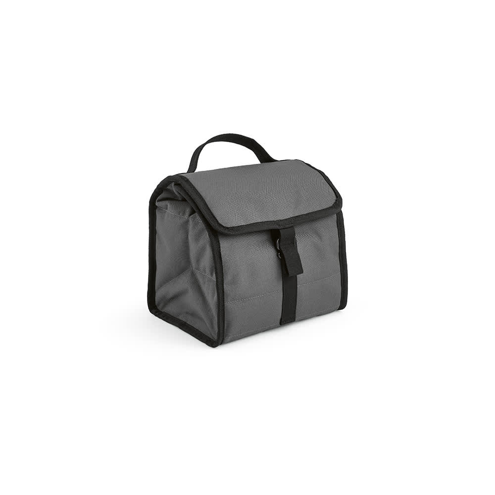 A grey cooler bag with a roll top, metal G hook, and a sturdy handle, featuring a simple design and a logo.