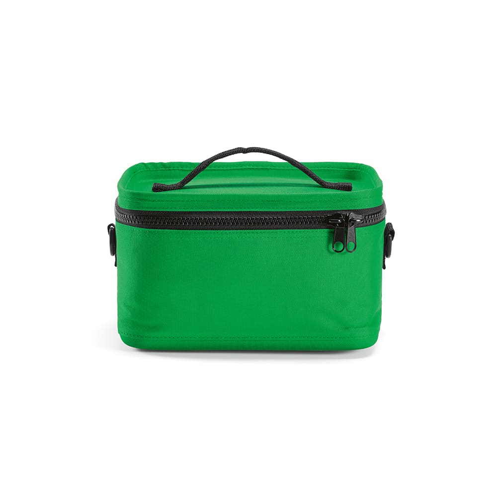 A green cooler bag with a black zip and handle, featuring thermo-injected zippers. It is made from rPET and rABS.