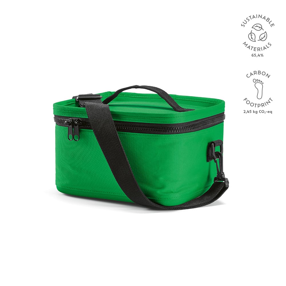 A green cooler bag with a black strap and zippers, made from sustainable materials. It features a logo.
