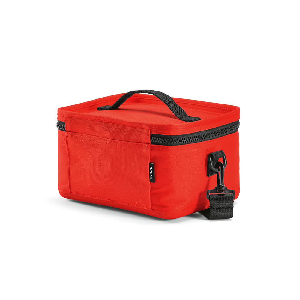 A red insulated cooler bag with a black zipper and handle, featuring a front pocket and a clip attachment.
