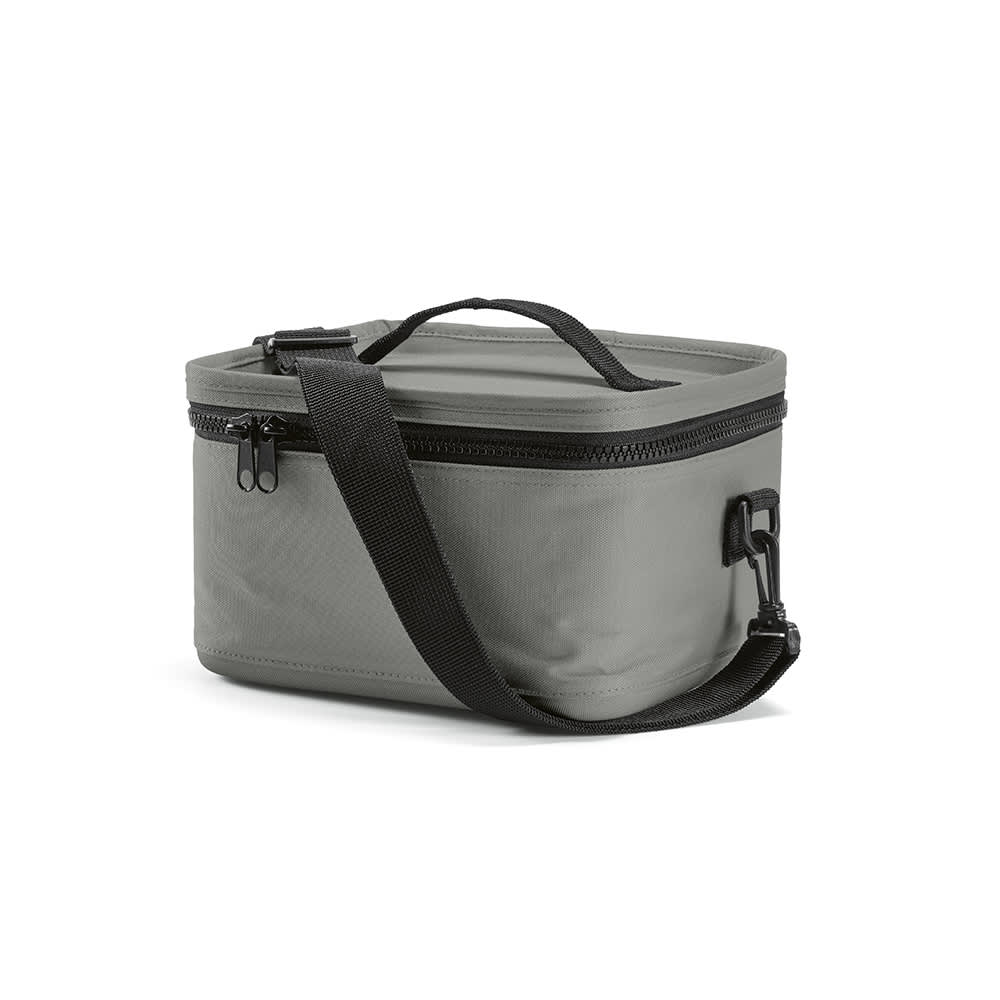 A grey cooler bag with a handle and an adjustable strap, featuring a zip closure and a logo.