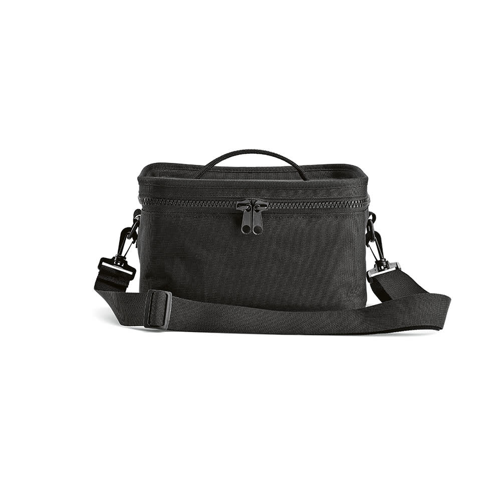 A black cooler bag with a handle, adjustable strap, and thermo-injected zippers. It has a logo on the front.