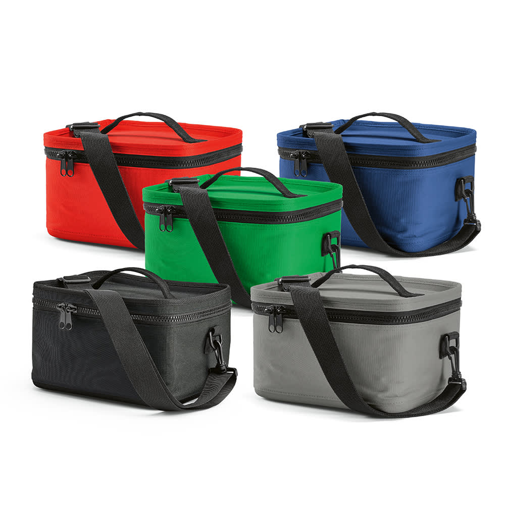 A collection of five coolers in red, green, blue, black, and grey, featuring thermo-injected zippers and shoulder straps.