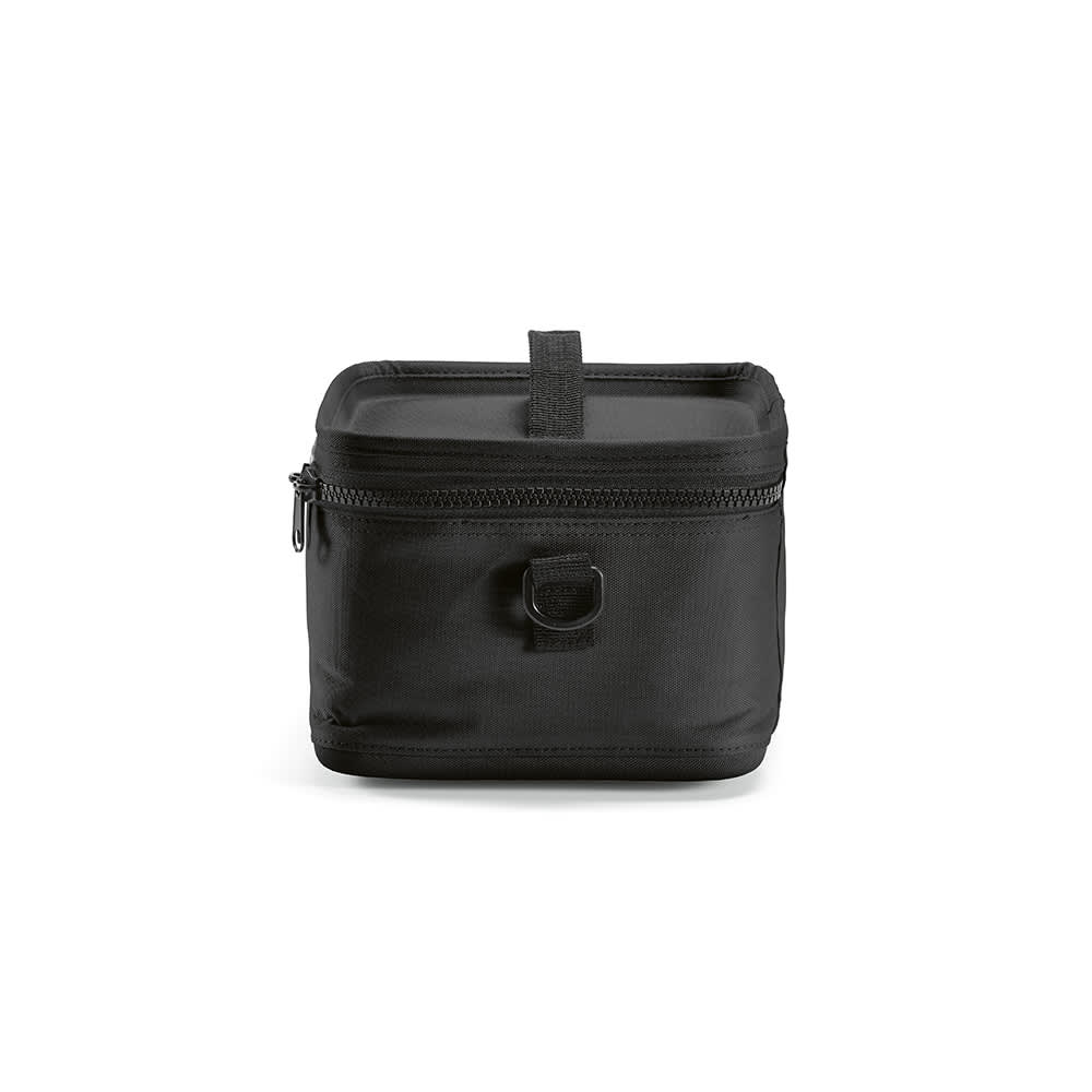 A black cooler bag with a zippered closure, featuring a sturdy handle on top. It has a simple, compact design.