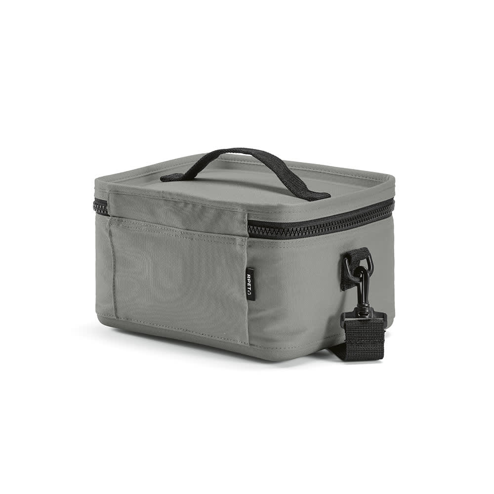 A grey cooler bag with a handle, featuring a zip closure and side pocket, made from rPET and rABS materials.