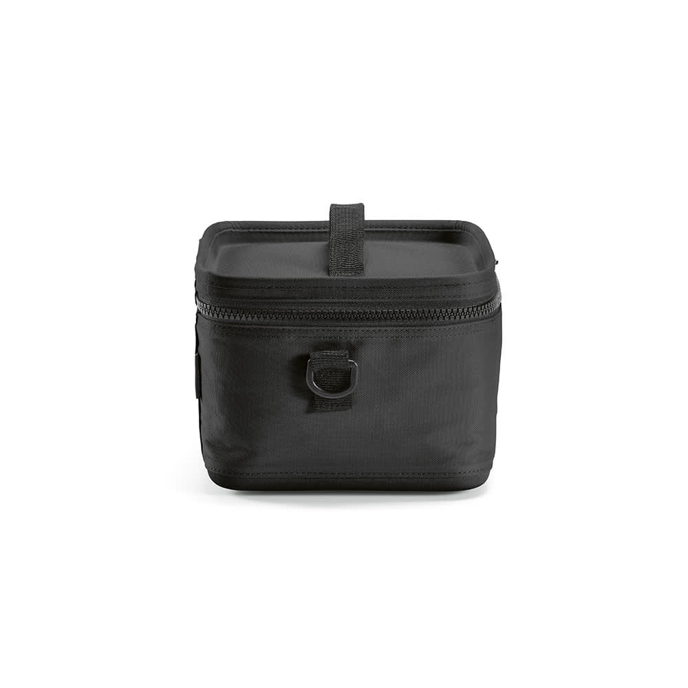 A black insulated cooler bag with a square shape, featuring a zipper and a carry handle on top.