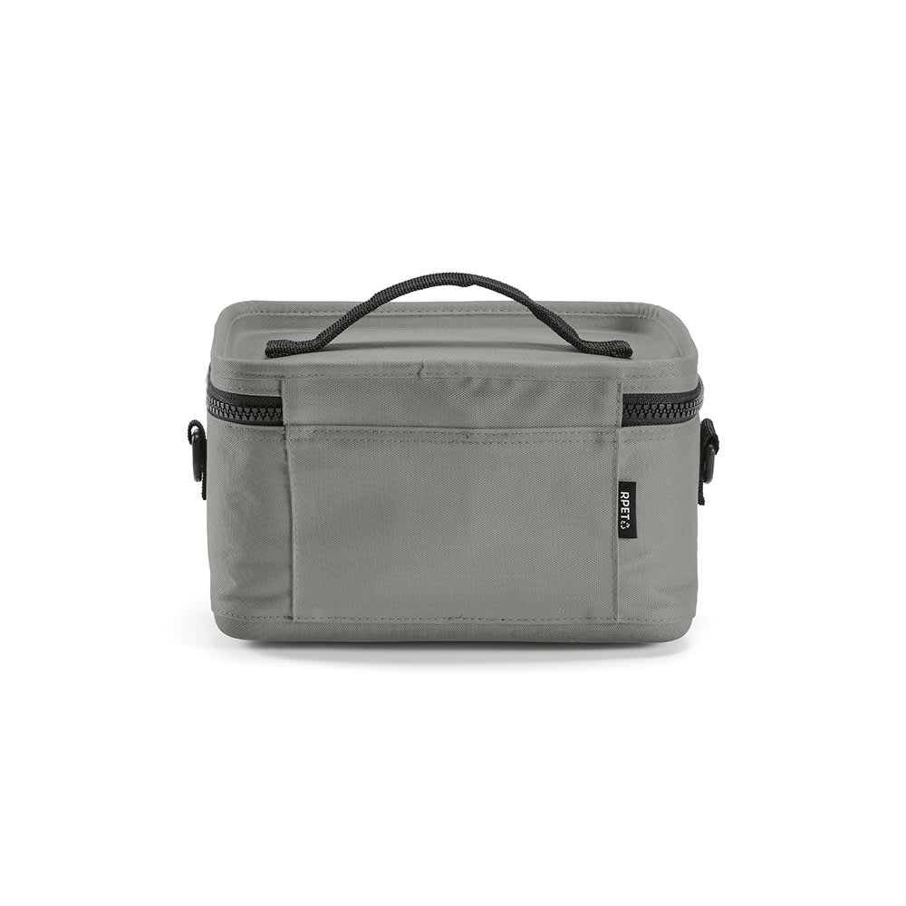 A grey cooler bag with a handle, featuring thermo-injected zippers and a front pocket. It includes branding.