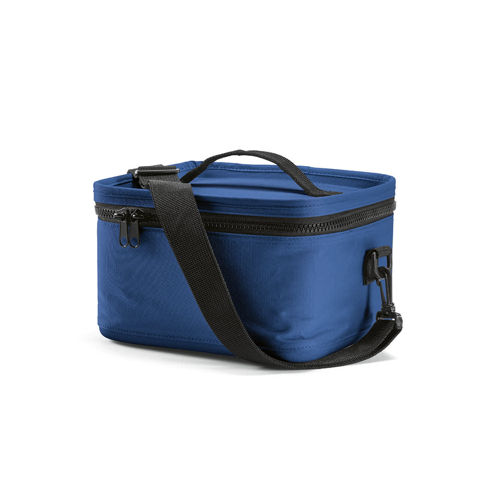 A blue cooler bag with a zippered top, featuring a handle and a detachable shoulder strap. It has a logo on it.