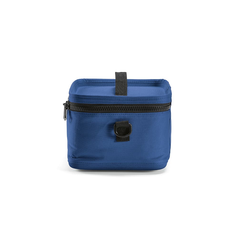 A cooler bag in blue, featuring a zippered top and a sturdy handle for easy carrying.