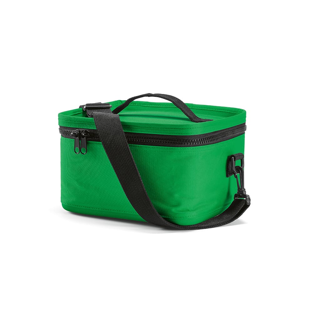 A green cooler bag with a zippered closure and a black adjustable strap. It features a carry handle on top.