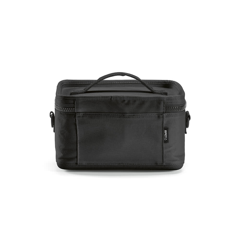 A black cooler bag made from rPET with thermo-injected zippers and a carrying handle, featuring a logo.