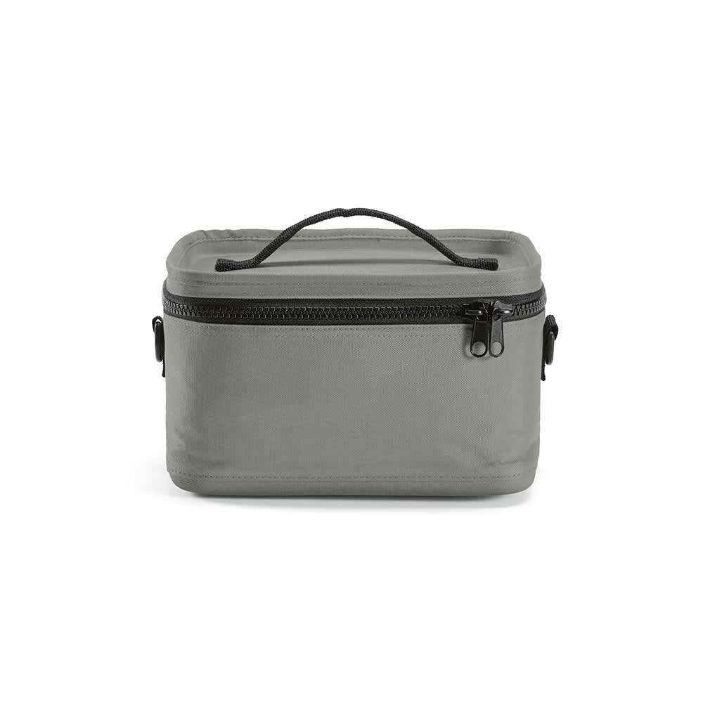 A grey cooler bag with a sturdy handle and thermo-injected zippers, featuring a sleek design and a logo.