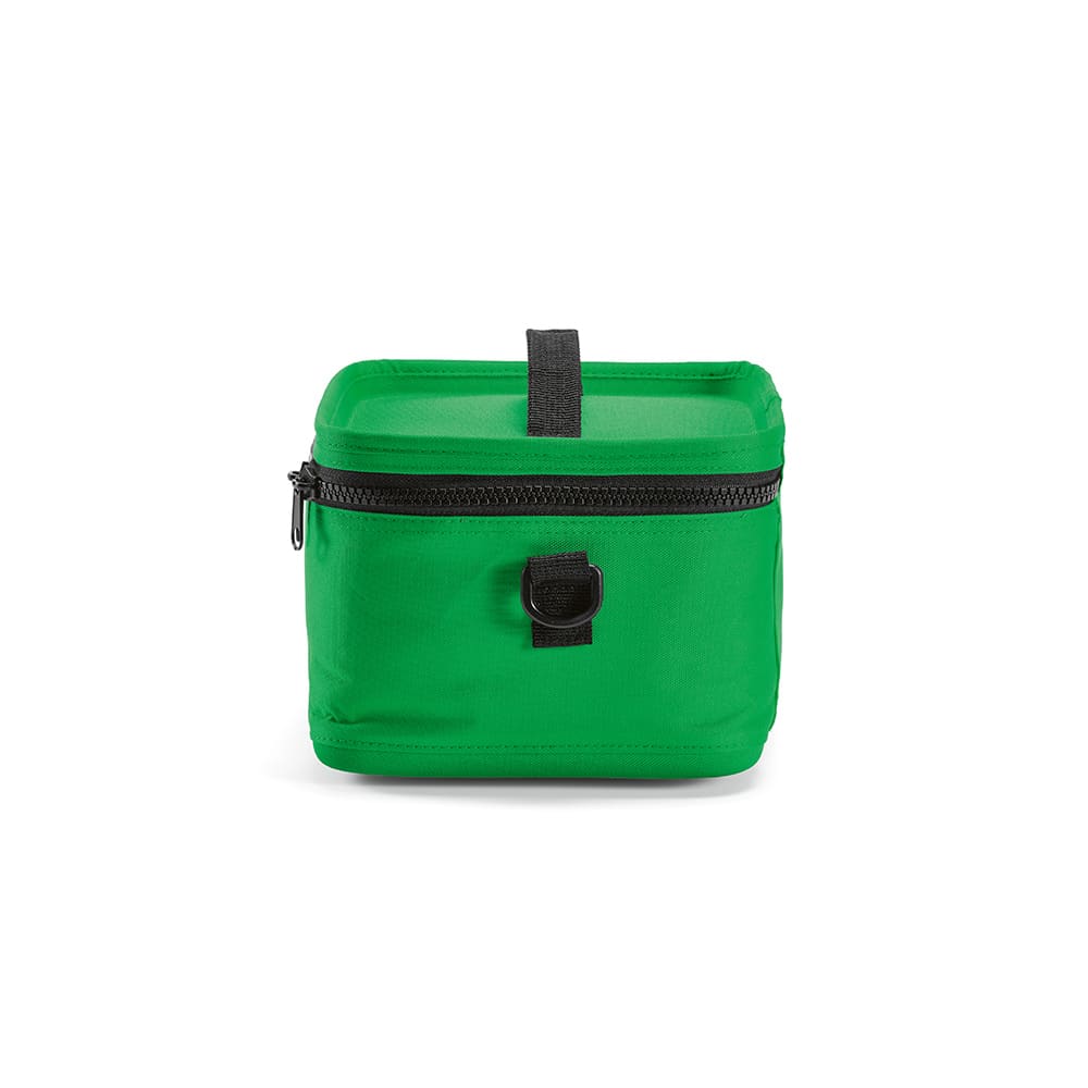 A green cooler bag with black zippers and a handle on top, featuring a sturdy design.