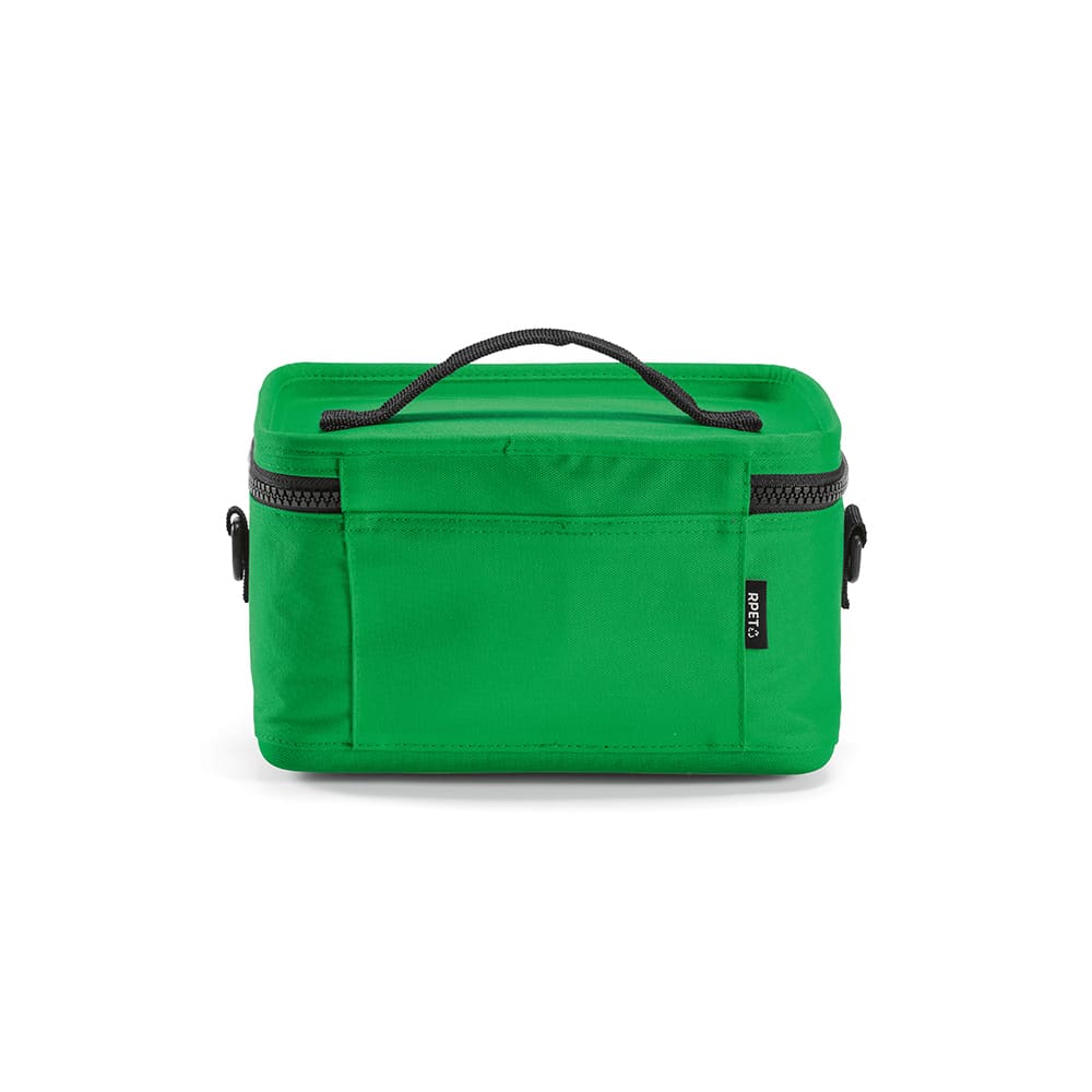 A green cooler bag with a handle and zip closure, featuring a front pocket and a logo label.