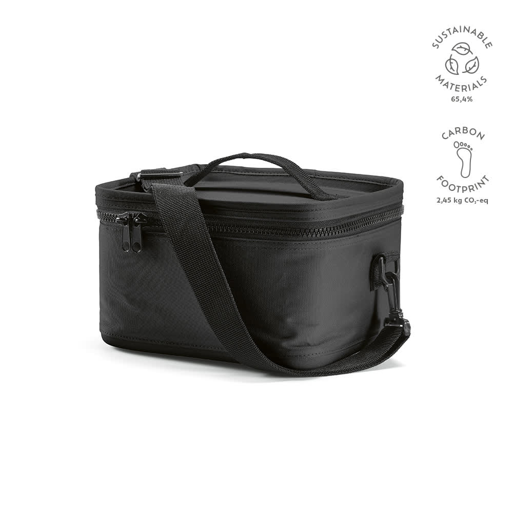 A black insulated cooler bag with a handle, made from sustainable materials and featuring a branding logo.
