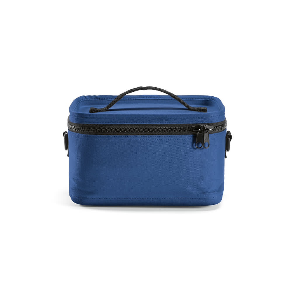 A cooler bag in blue, featuring a zippered closure and a black handle. It has branding on the side.