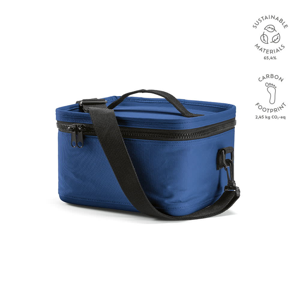A blue cooler with a handle, featuring thermo-injected zippers and made from sustainable materials.