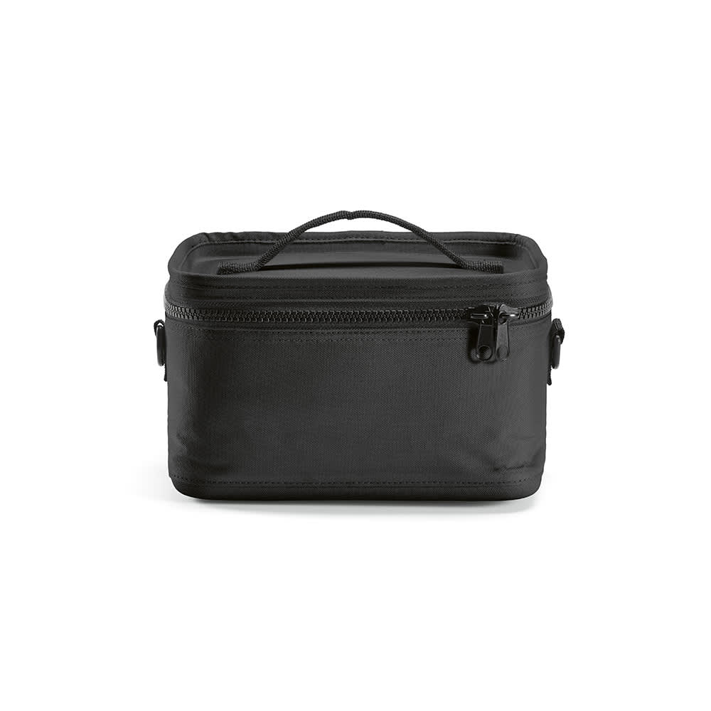A black cooler bag with a handle and thermo-injected zippers. It features a sleek and compact design.