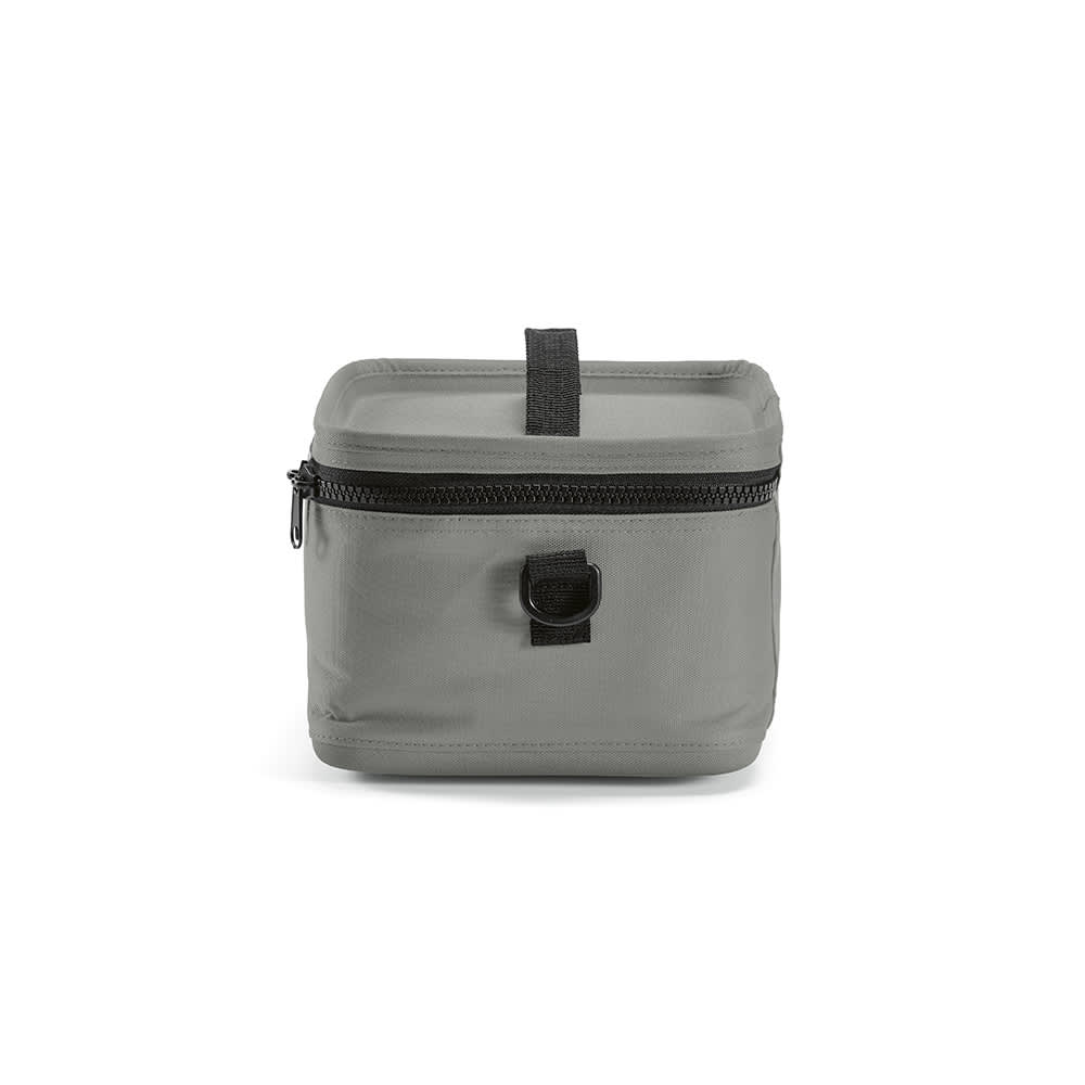 A grey cooler bag with a square shape, featuring a black zipper and a sturdy handle on top.