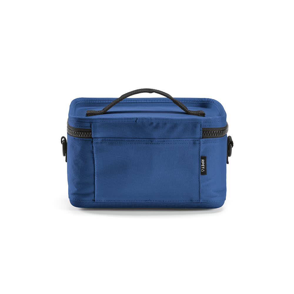 A blue cooler bag with a handle, featuring thermo injected zippers and a front pocket. It has a logo on the side.