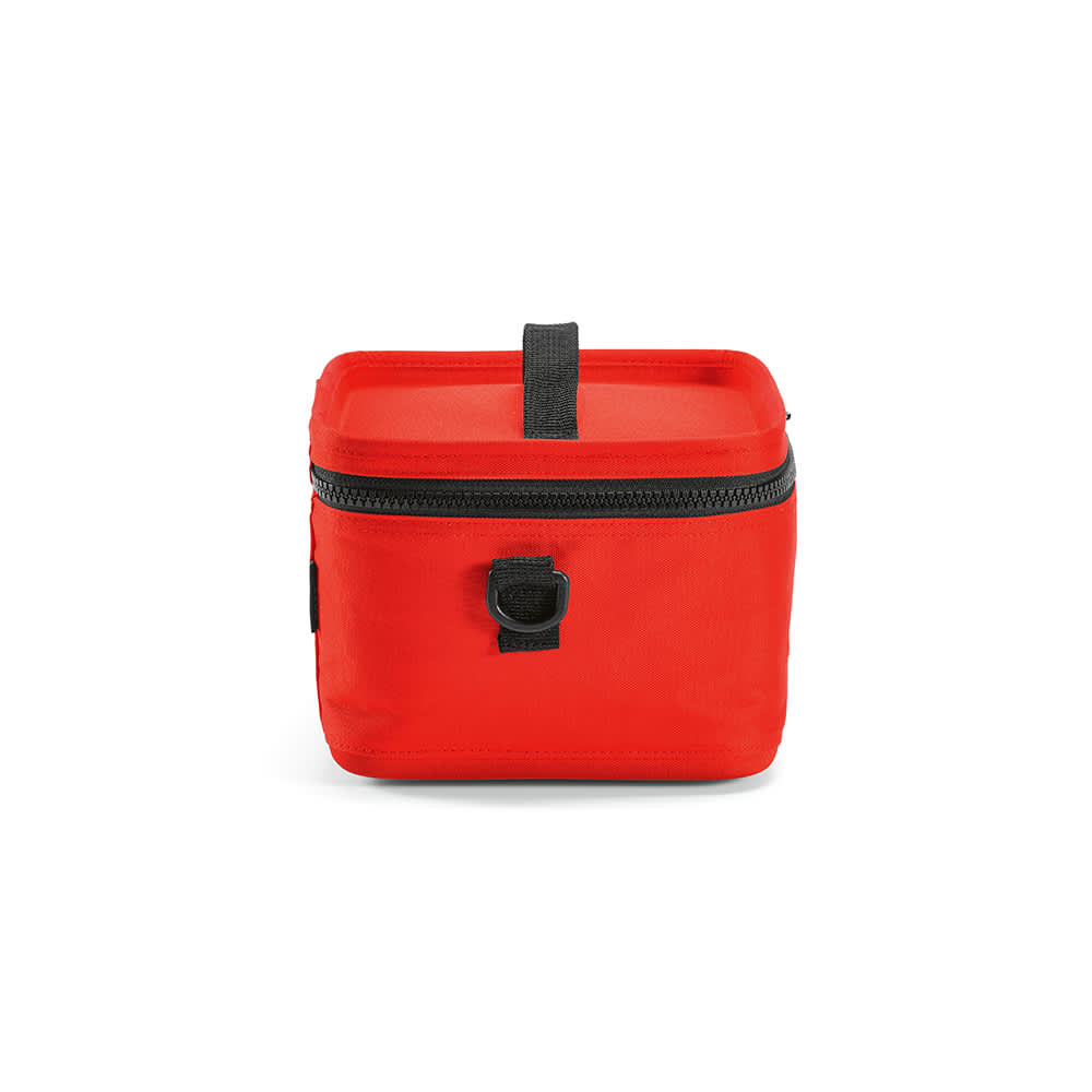 A red cooler bag with a zipper and black detailing, featuring a handle on top for easy carrying.