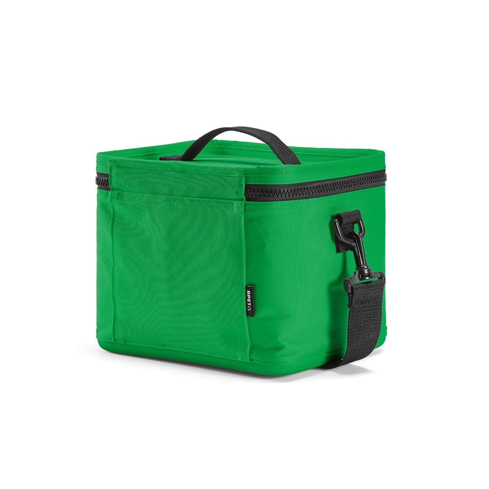 A green cooler bag with a handle, zip closure, and an adjustable strap, featuring a black logo.
