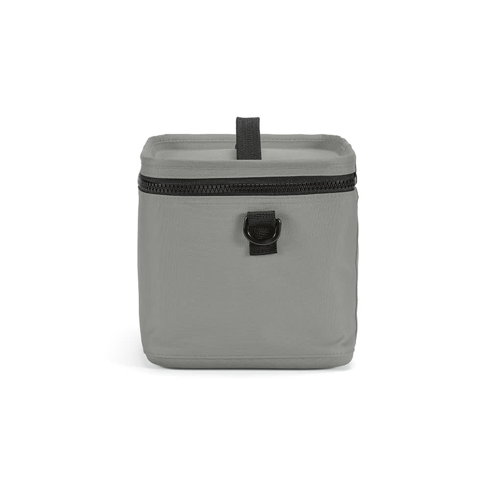 A grey cooler with a square shape, featuring a thermo-injected zipper and a handle on top.